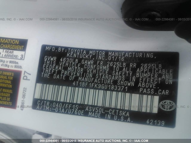 4T1BF1FK9GU183371 - 2016 TOYOTA CAMRY LE/XLE/SE/XSE WHITE photo 9