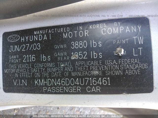 KMHDN46D04U716461 - 2004 HYUNDAI ELANTRA GLS/GT SILVER photo 9