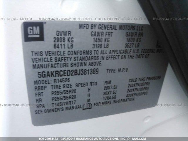 5GAKRCED2BJ381389 - 2011 BUICK ENCLAVE CXL CREAM photo 9