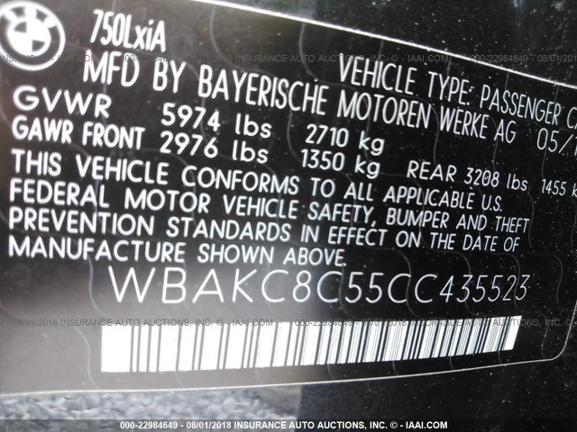 WBAKC8C55CC435523 - 2012 BMW 750 LXI BLACK photo 9