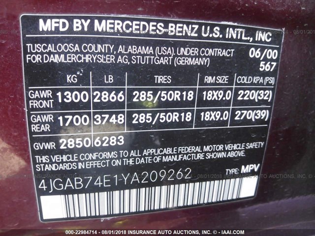 4JGAB74E1YA209262 - 2000 MERCEDES-BENZ ML 55 MAROON photo 9