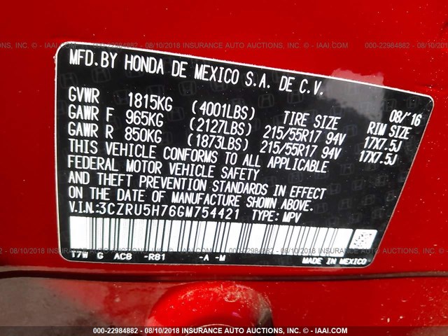 3CZRU5H76GM754421 - 2016 HONDA HR-V EXL RED photo 9