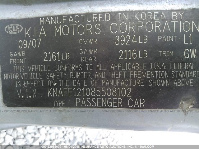 KNAFE121085508102 - 2008 KIA SPECTRA EX/LX/SX BLUE photo 9