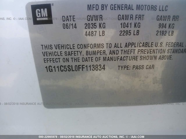 1G11C5SL0FF113834 - 2015 CHEVROLET MALIBU 1LT WHITE photo 9