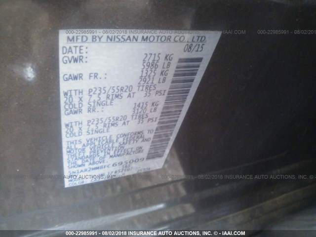 5N1AR2MM8FC695009 - 2015 NISSAN PATHFINDER S/SV/SL/PLATINUM BROWN photo 9