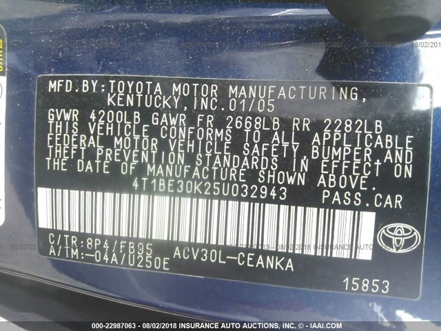 4T1BE30K25U032943 - 2005 TOYOTA CAMRY LE/XLE/SE BLUE photo 9