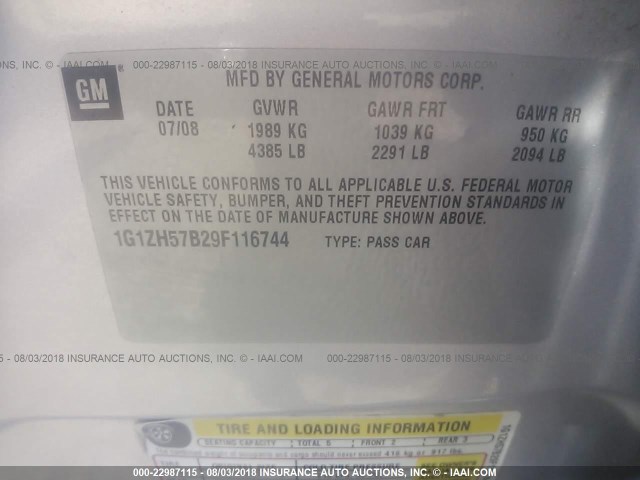 1G1ZH57B29F116744 - 2009 CHEVROLET MALIBU 1LT 银色 照片 9