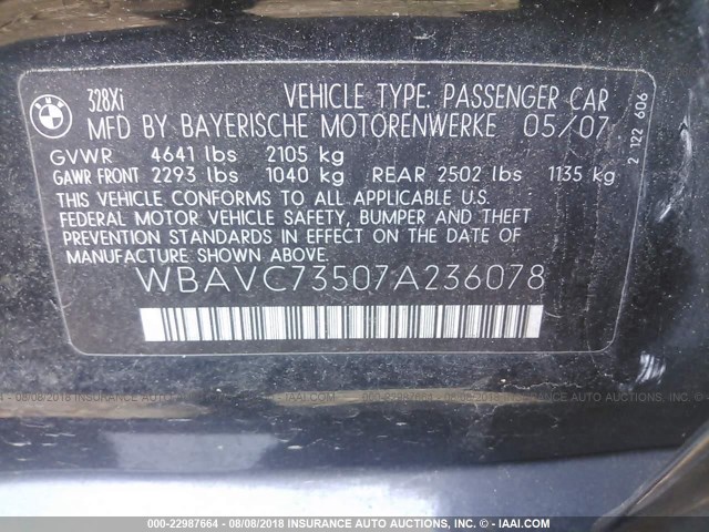 WBAVC73507A236078 - 2007 BMW 328 XI SULEV BLACK photo 9