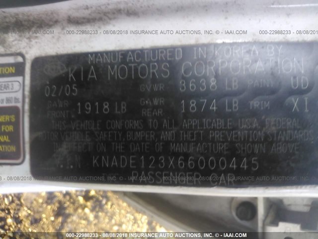 KNADE123X66000445 - 2006 KIA RIO WHITE photo 9