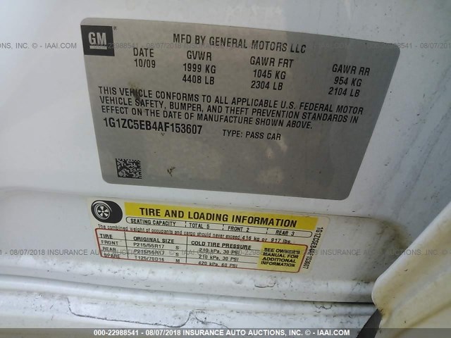 1G1ZC5EB4AF153607 - 2010 CHEVROLET MALIBU 1LT WHITE photo 9