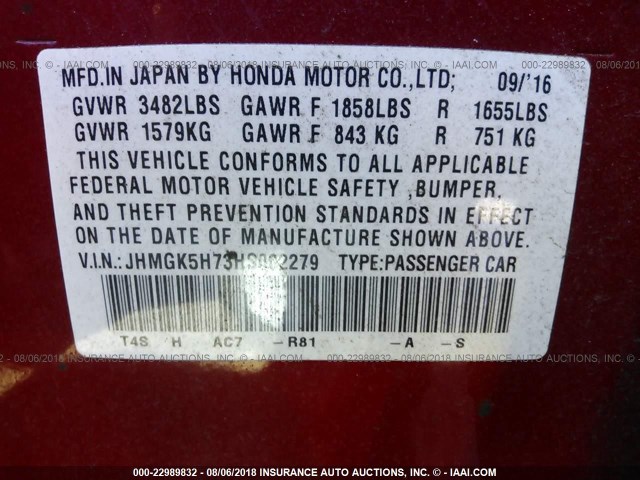 JHMGK5H73HS002279 - 2017 HONDA FIT EX/EXL RED photo 9