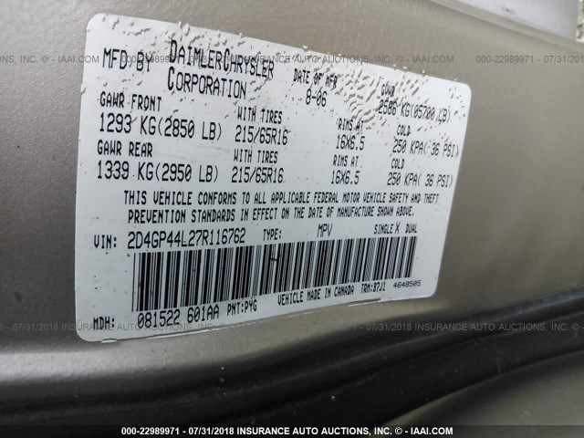 2D4GP44L27R116762 - 2007 DODGE GRAND CARAVAN SXT GOLD photo 9