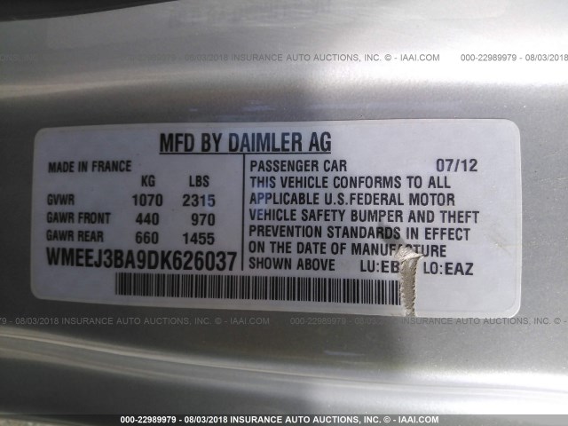 WMEEJ3BA9DK626037 - 2013 SMART FORTWO PURE/PASSION WHITE photo 9