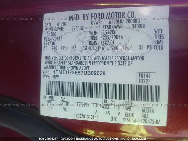 1FMEU73E57UB09028 - 2007 FORD EXPLORER XLT RED photo 9