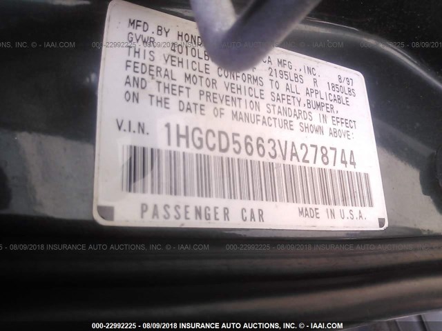 1HGCD5663VA278744 - 1997 HONDA ACCORD EX/EX-R GREEN photo 9