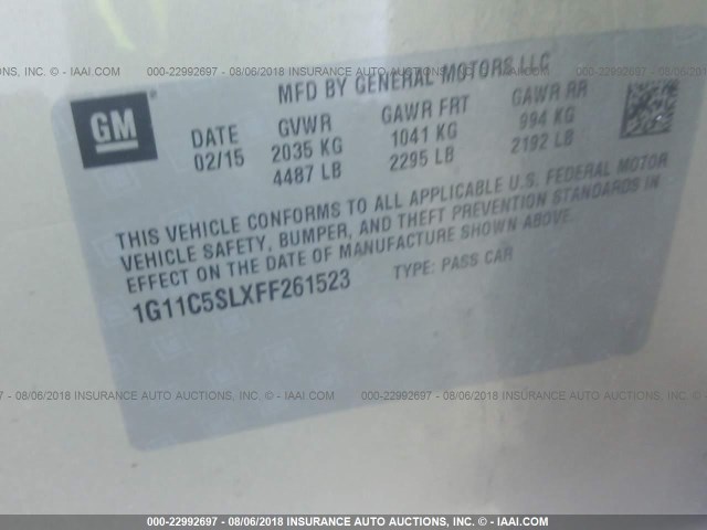 1G11C5SLXFF261523 - 2015 CHEVROLET MALIBU 1LT GOLD photo 9