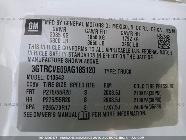 3GTRCVE09AG185120 - 2010 GMC SIERRA C1500 SLE WHITE photo 9