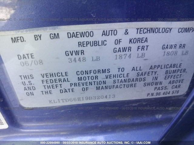 KL1TD66E19B320413 - 2009 CHEVROLET AVEO LS/LT Կապույտ լուսանկար 9