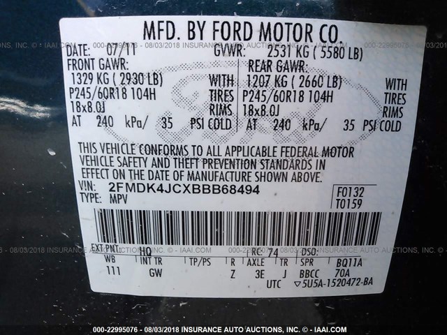 2FMDK4JCXBBB68494 - 2011 FORD EDGE SEL BLUE photo 9