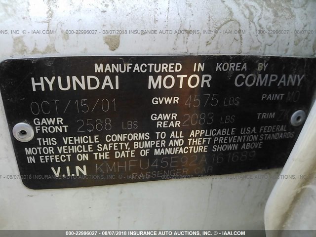 KMHFU45E92A161689 - 2002 HYUNDAI XG 350 WHITE photo 9