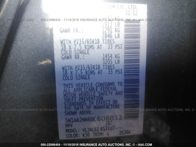 5N1AR2MN6DC606012 - 2013 NISSAN PATHFINDER S/SV/SL/PLATINUM GRAY photo 9