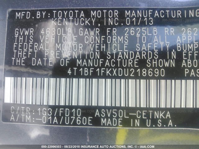 4T1BF1FKXDU218690 - 2013 TOYOTA CAMRY L/SE/LE/XLE 灰色 照片 9