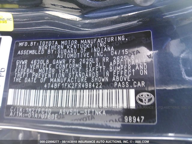 4T4BF1FK2FR498422 - 2015 TOYOTA CAMRY LE/XLE/SE/XSE Dark Blue photo 9