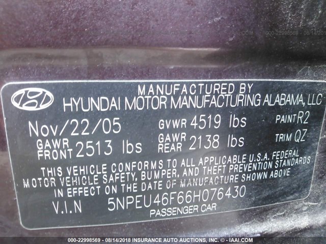 5NPEU46F66H076430 - 2006 HYUNDAI SONATA GLS/LX PURPLE photo 9