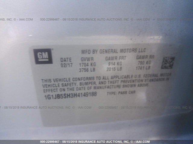 1G1JB5SH3H4149188 - 2017 CHEVROLET SONIC LS 银色 照片 9