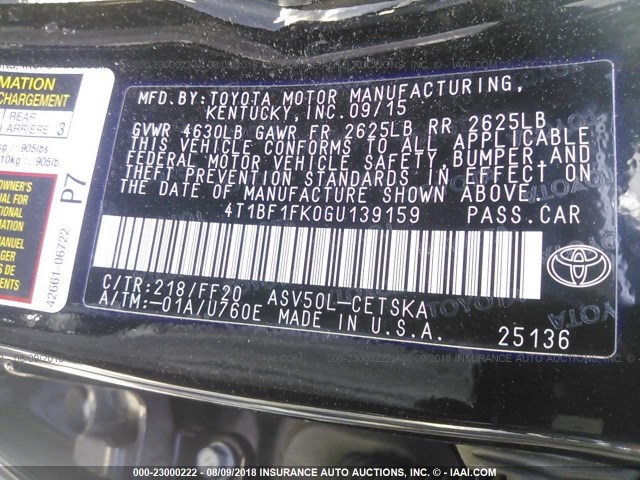 4T1BF1FK0GU139159 - 2016 TOYOTA CAMRY LE/XLE/SE/XSE BLACK photo 9
