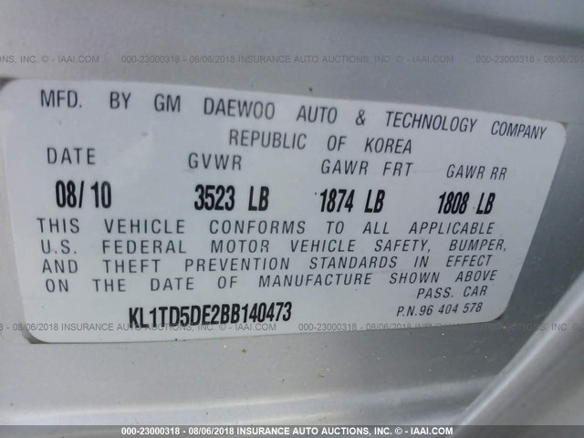 KL1TD5DE2BB140473 - 2011 CHEVROLET AVEO LS/LT SILVER photo 9