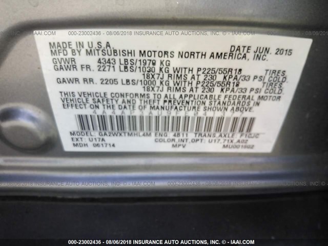 4A4AP3AU9FE041377 - 2015 MITSUBISHI OUTLANDER SPORT ES SILVER photo 9