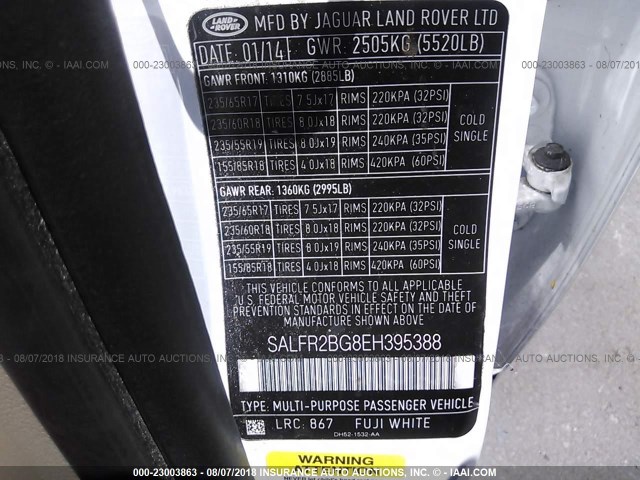 SALFR2BG8EH395388 - 2014 LAND ROVER LR2 HSE WHITE photo 9