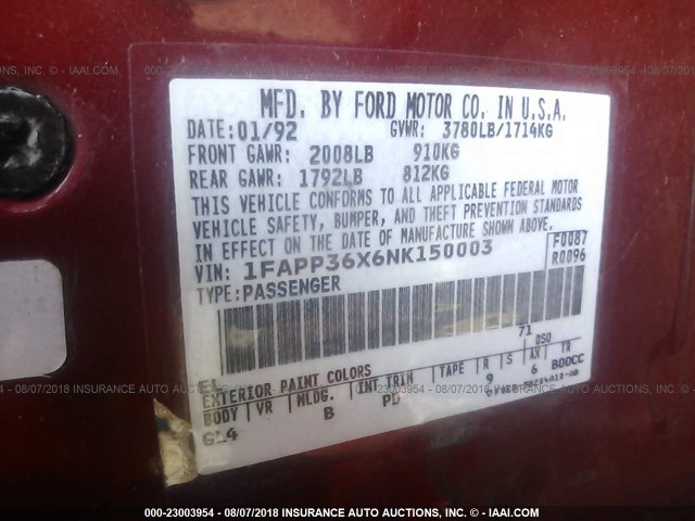 1FAPP36X6NK150003 - 1992 FORD TEMPO GL RED photo 9