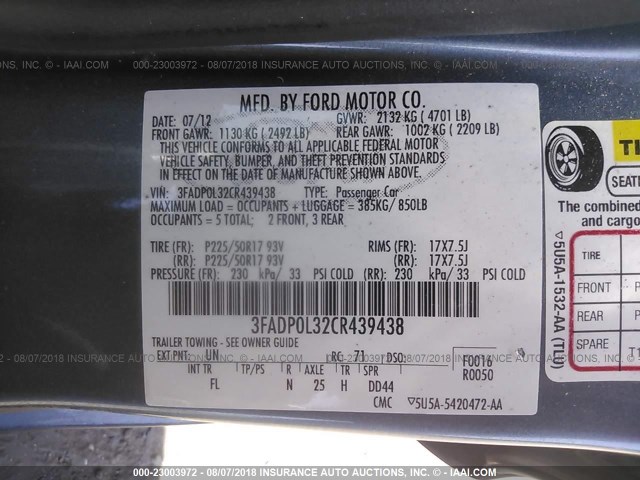 3FADP0L32CR439438 - 2012 FORD FUSION HYBRID TURQUOISE photo 9