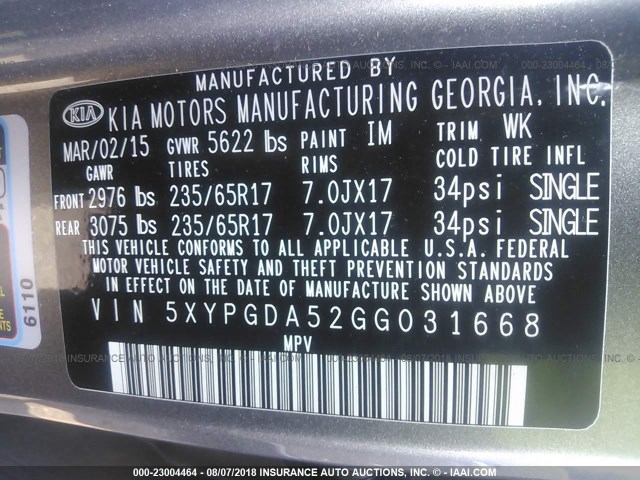 5XYPGDA52GG031668 - 2016 KIA SORENTO LX/L GRAY photo 9