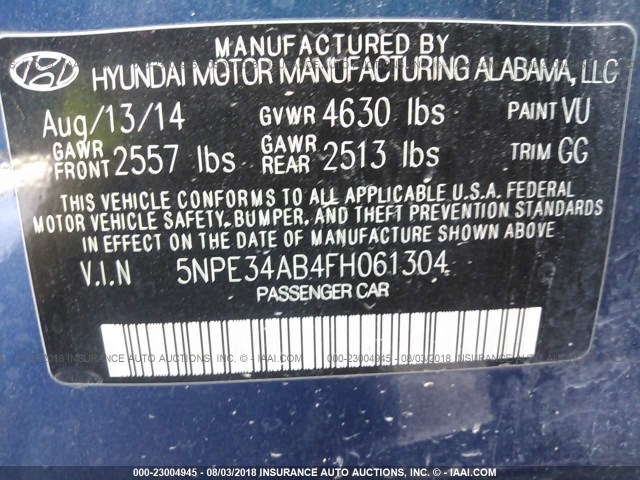 5NPE34AB4FH061304 - 2015 HYUNDAI SONATA SPORT/LIMITED BLUE photo 9