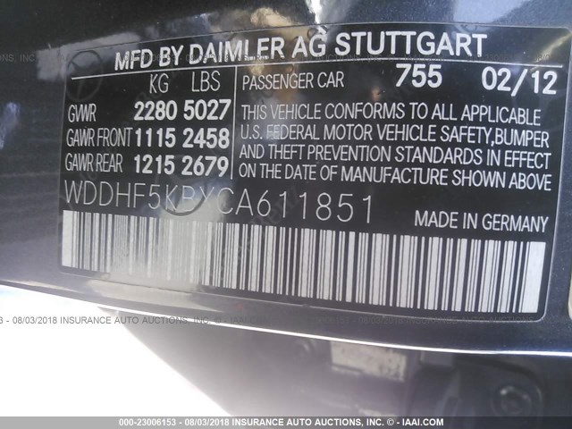 WDDHF5KBXCA611851 - 2012 MERCEDES-BENZ E 350 BLACK photo 9