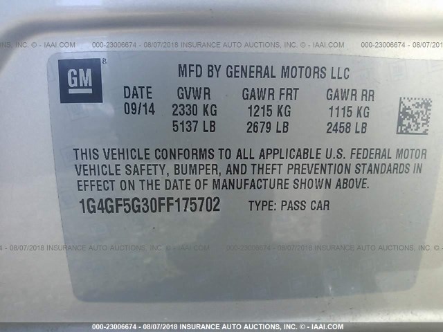 1G4GF5G30FF175702 - 2015 BUICK LACROSSE PREMIUM GOLD photo 9