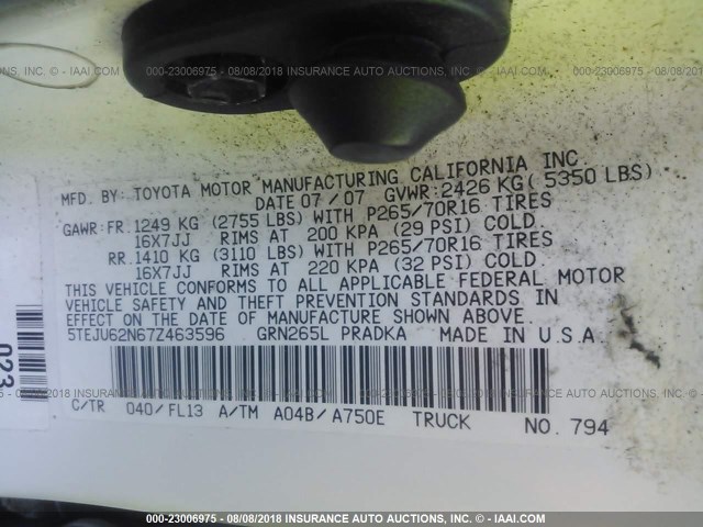 5TEJU62N67Z463596 - 2007 TOYOTA TACOMA DOUBLE CAB PRERUNNER WHITE photo 9