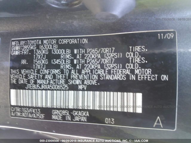 JTEBU5JRXA5006525 - 2010 TOYOTA 4RUNNER SR5/LIMITED/TRAIL 灰色 照片 9