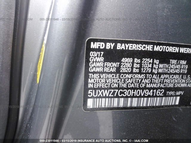 5UXWZ7C30H0V94162 - 2017 BMW X3 SDRIVE28I GRAY photo 9