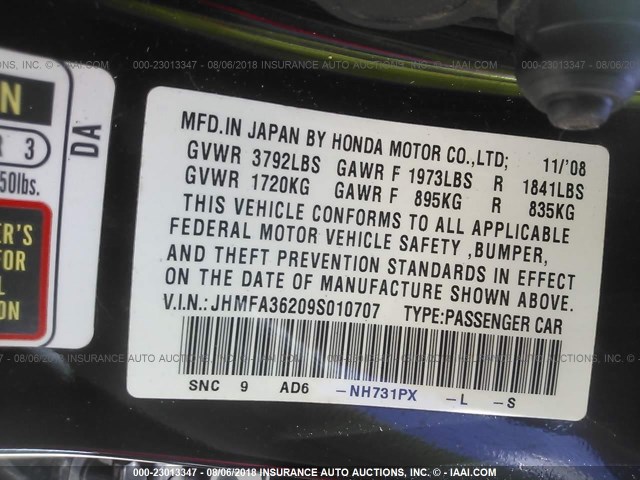 JHMFA36209S010707 - 2009 HONDA CIVIC HYBRID BLACK photo 9