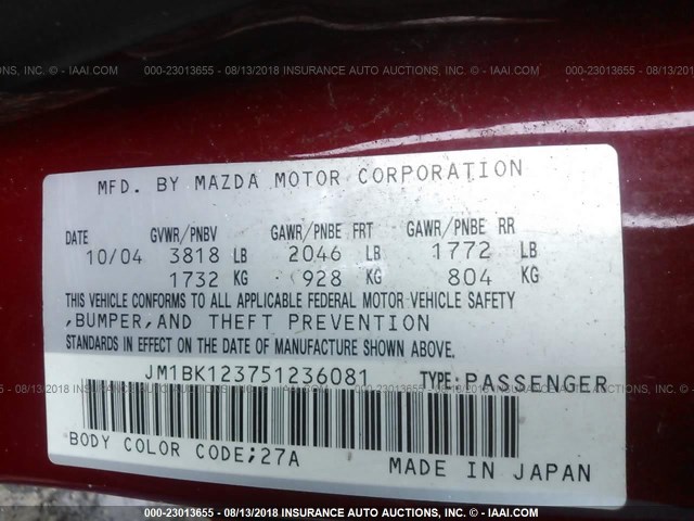 JM1BK123751236081 - 2005 MAZDA 3 S RED photo 9