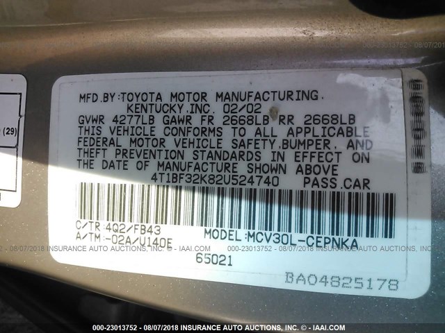 4T1BF32K82U524740 - 2002 TOYOTA CAMRY LE/XLE/SE GOLD photo 9