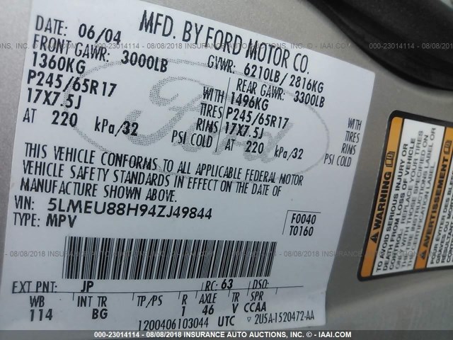 5LMEU88H94ZJ49844 - 2004 LINCOLN AVIATOR 银色 照片 9