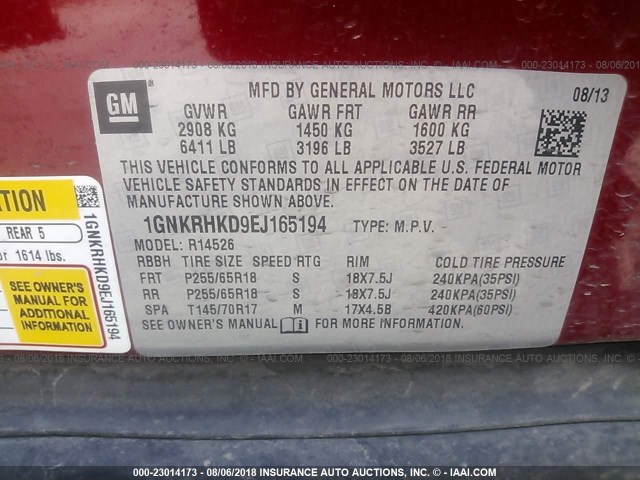 1GNKRHKD9EJ165194 - 2014 CHEVROLET TRAVERSE LT RED photo 9