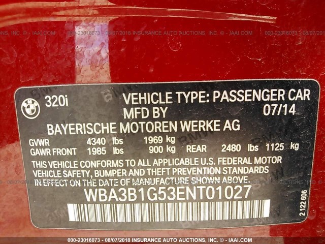 WBA3B1G53ENT01027 - 2014 BMW 320 I RED photo 9