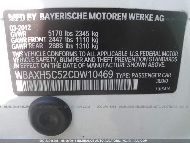 WBAXH5C52CDW10469 - 2012 BMW 528 XI WHITE photo 9