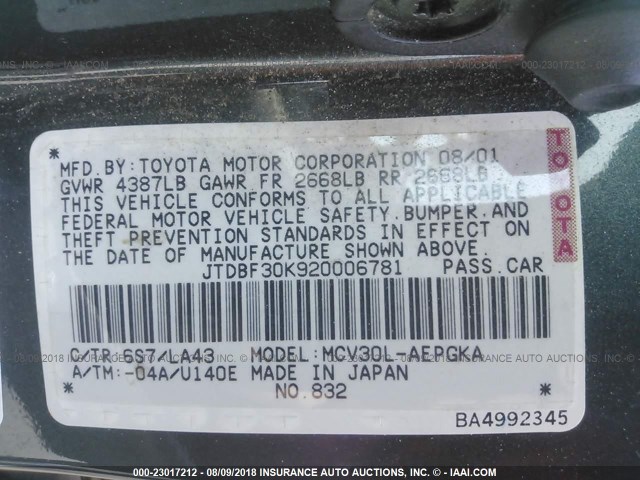 JTDBF30K920006781 - 2002 TOYOTA CAMRY LE/XLE/SE GREEN photo 9